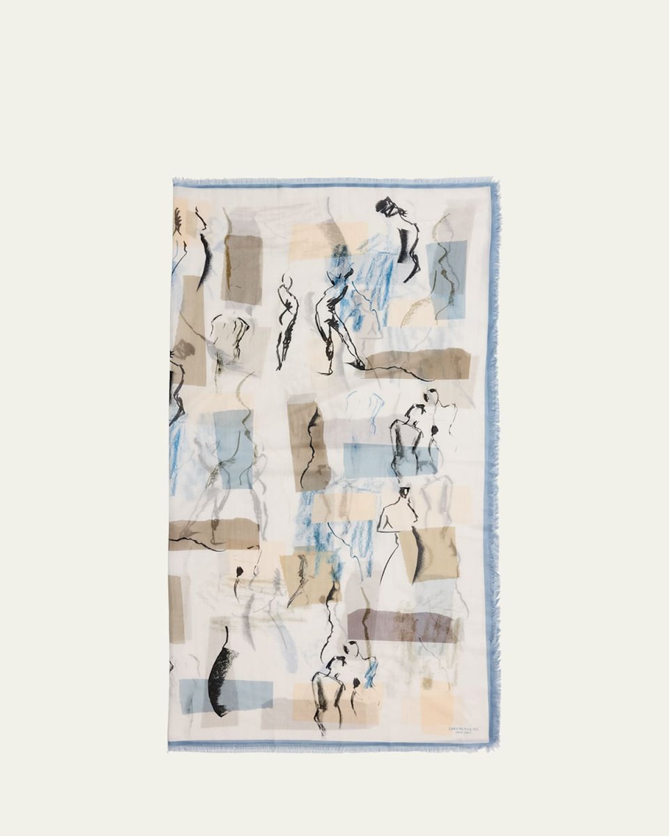 Fringed Sketchbook-Print Square Scarf